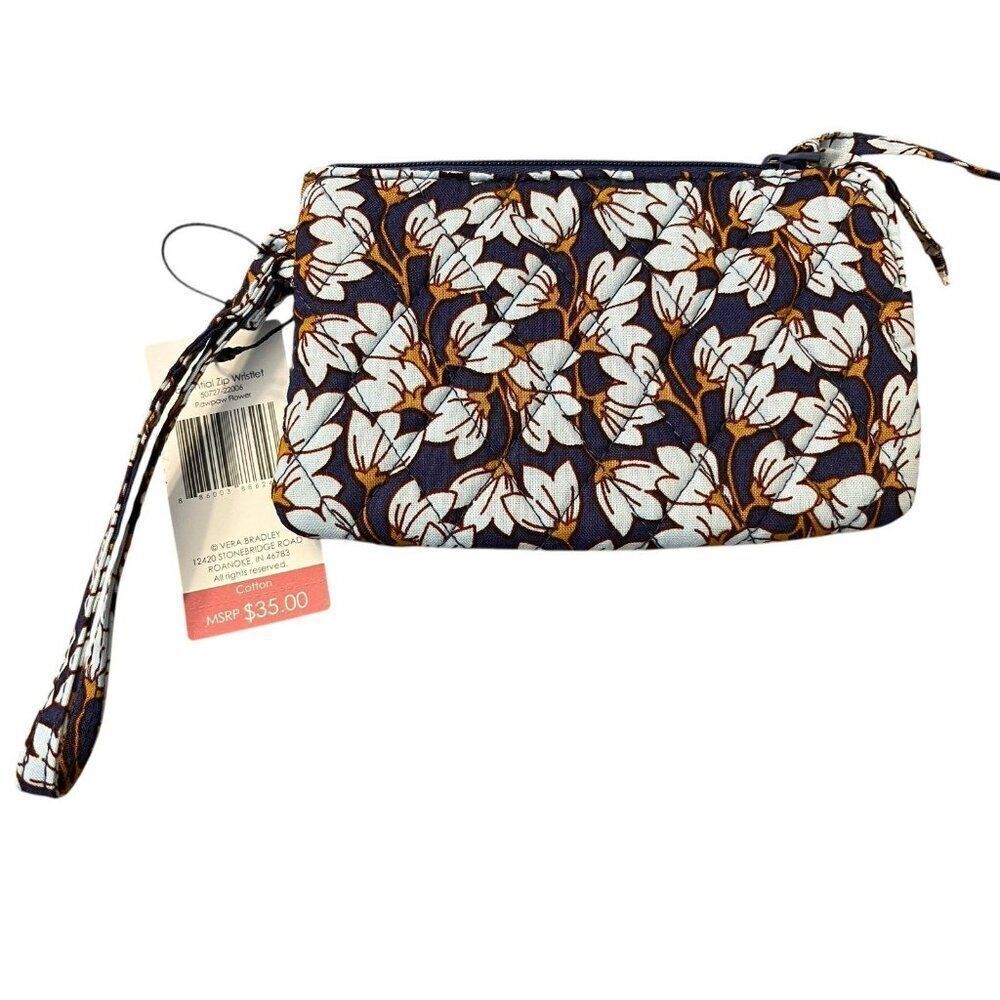 Vera Bradley PAWPAW FLOWER Essential Zip Wristlet NWT Navy Blue Brown - Picture 3 of 6